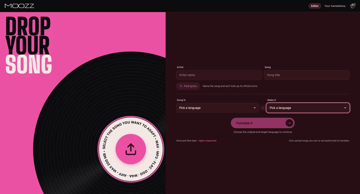 Moozz upload screen: drop the song on the record, add artist and song, pick the original and target language, then Translate it